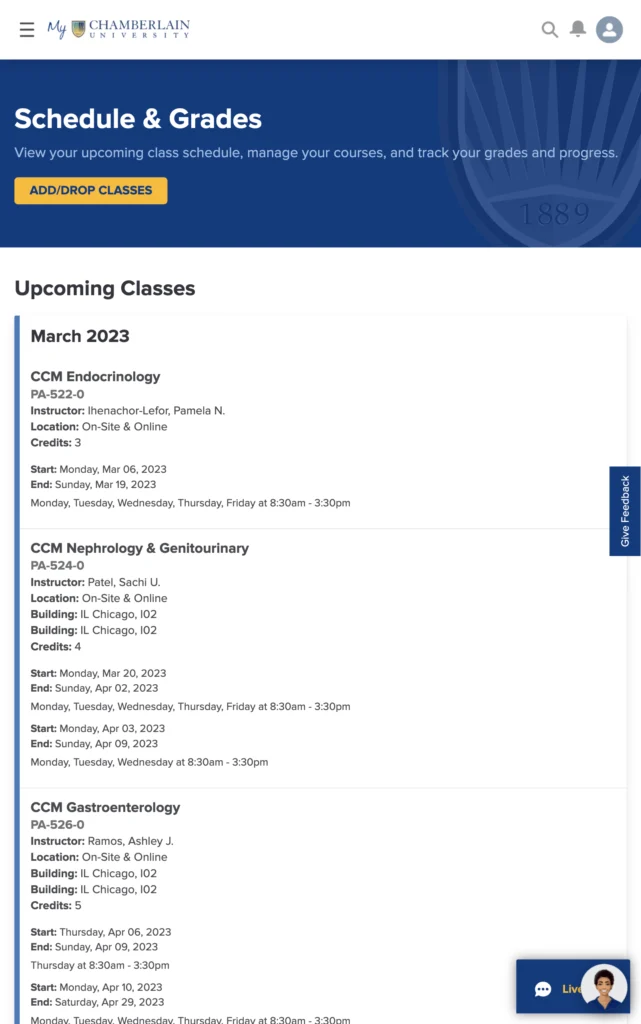 Chamberlain Student Portal Class Schedules