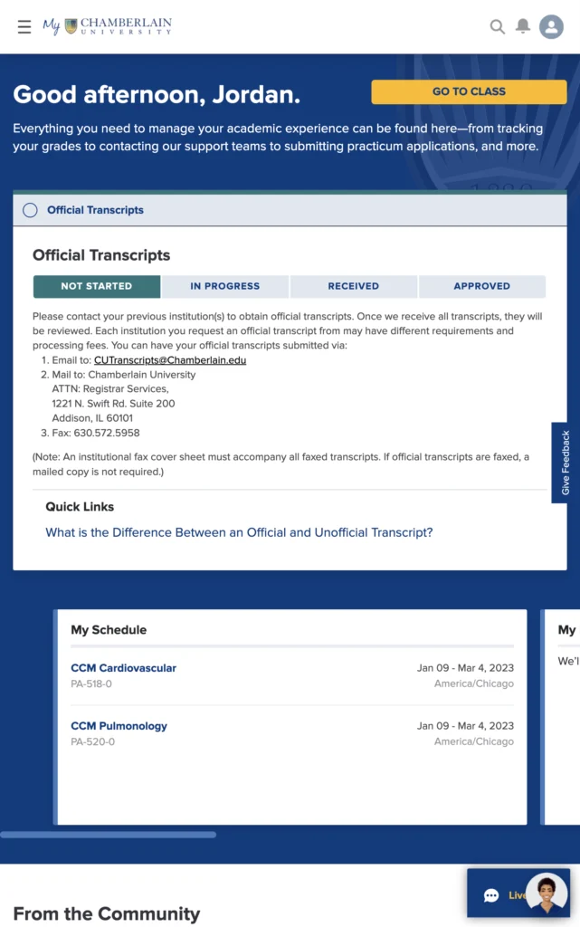 Chamberlain student portal transcripts tab