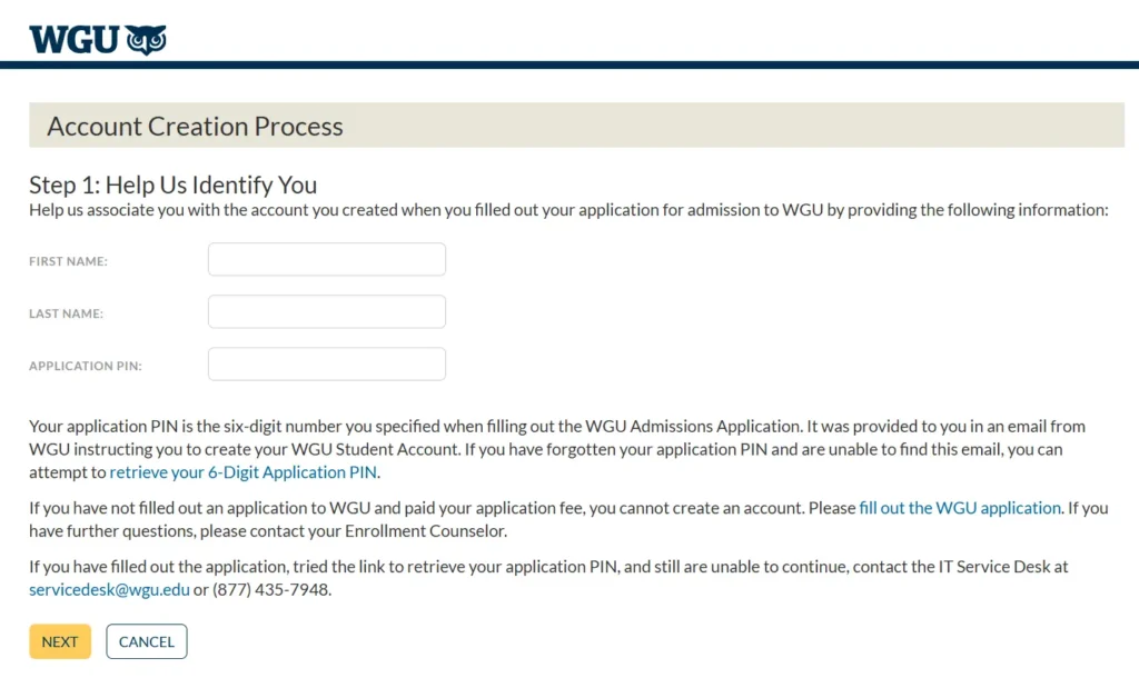 WGU Account Creation Process